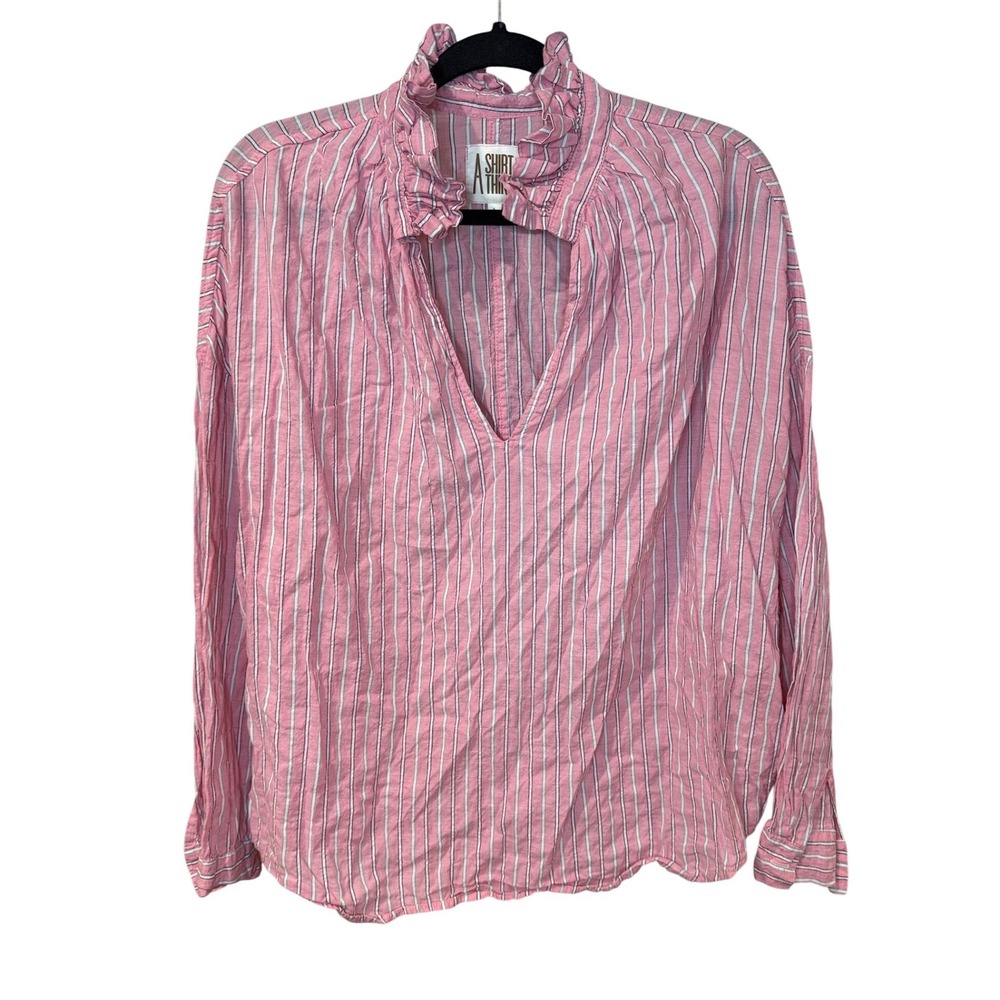 A Shirt Thing Penelope Striped Popover Pink White Ruffle Neck Blouse Size Large